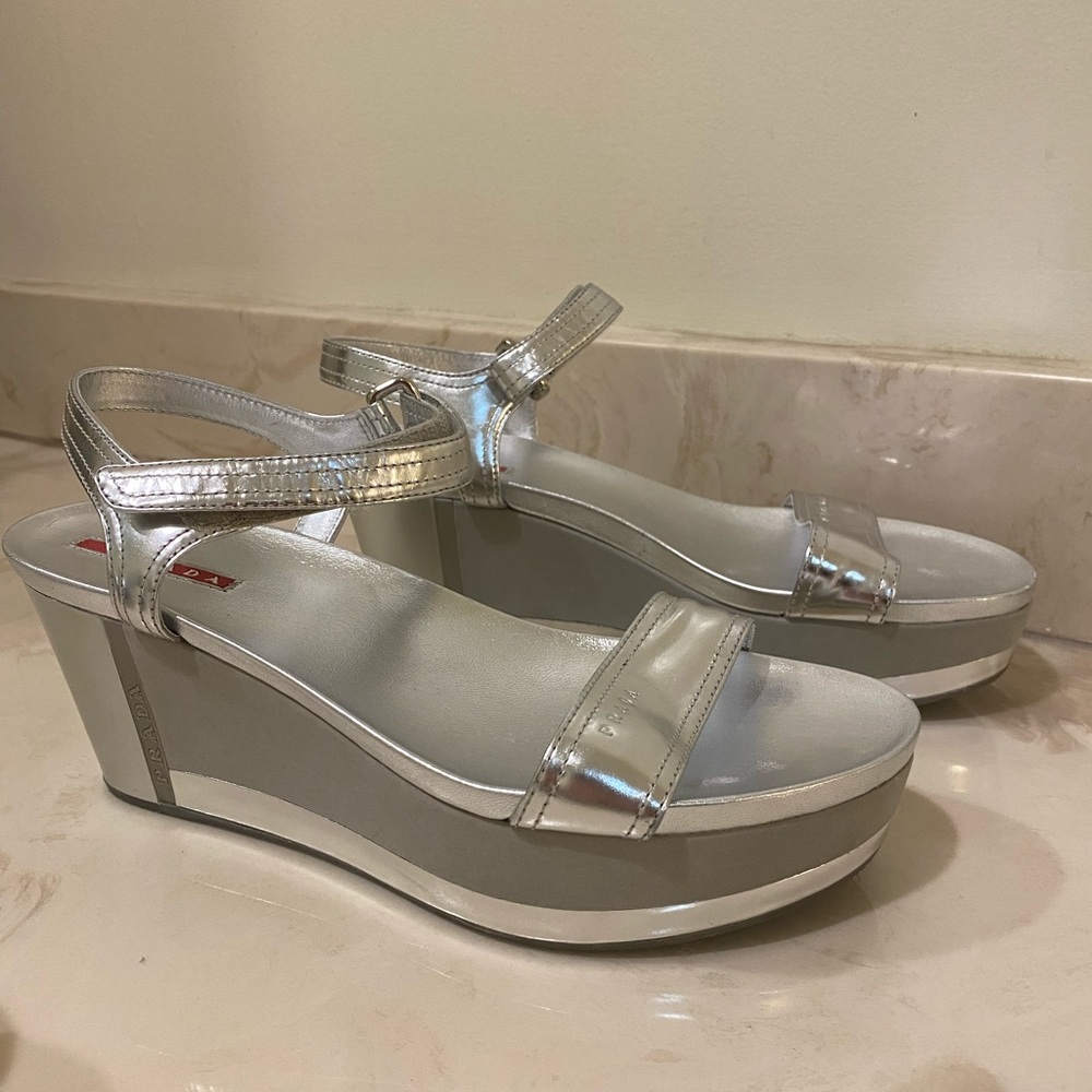 Metallic Silver Prada Platform Espadrilles Sandal